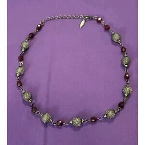 Vintage Ben Amun Signed Gunmetal & Red Crystal Beaded Station Collar Necklace